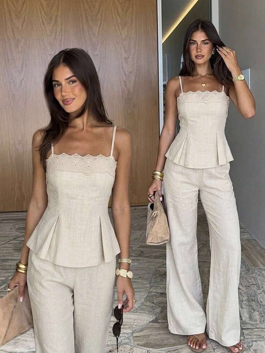 SHEIN Siren Gaze طقم نسائي قطعتين كامي مطرز وبنطال