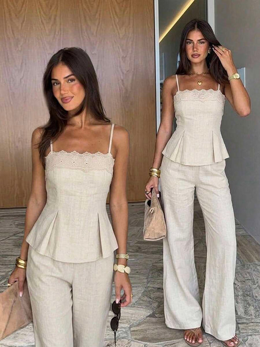 SHEIN Siren Gaze طقم نسائي قطعتين كامي مطرز وبنطال