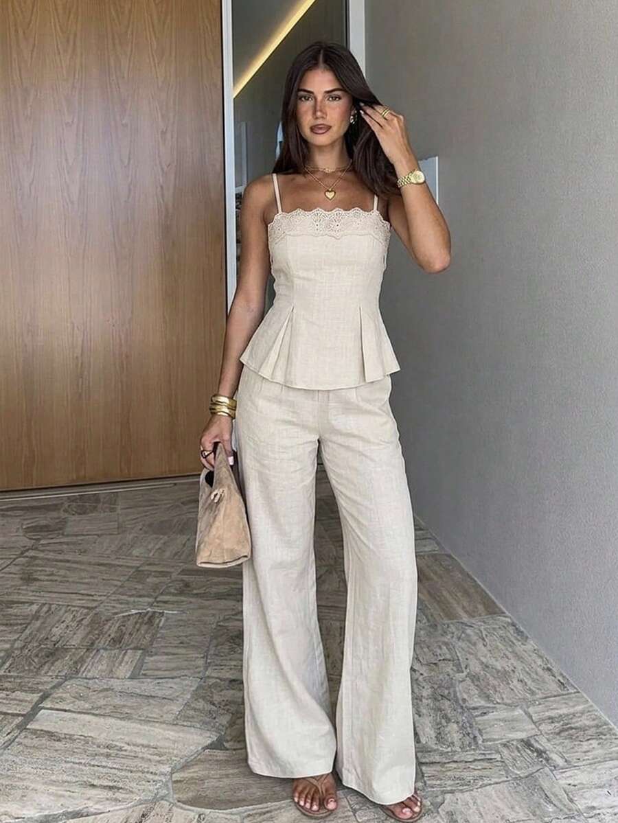 SHEIN Siren Gaze طقم نسائي قطعتين كامي مطرز وبنطال