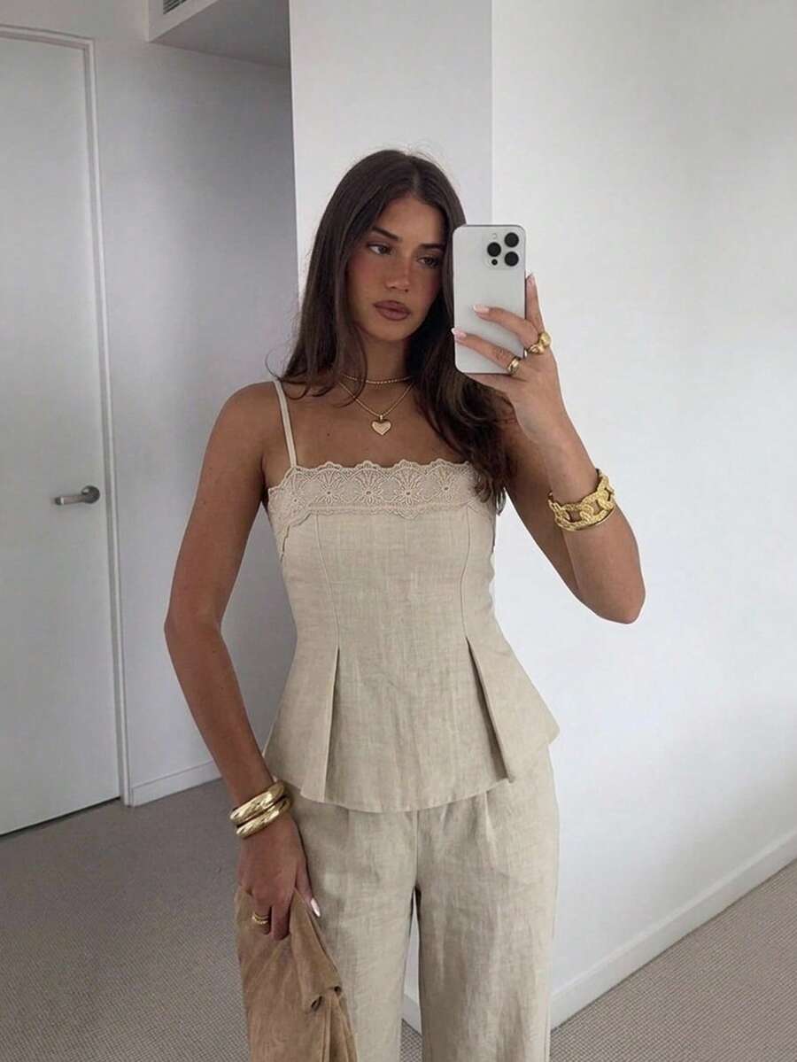 SHEIN Siren Gaze طقم نسائي قطعتين كامي مطرز وبنطال