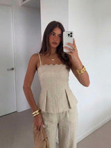 SHEIN Siren Gaze طقم نسائي قطعتين كامي مطرز وبنطال