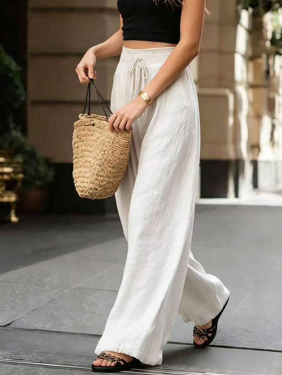 SHEIN Breezaya بنطلون أبيض بخصر عالي بساق واسعة بقصة فضفاضة