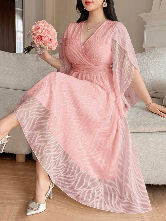 SHEIN Vibekara فستان وردي من قماش الجاكارد بأكمام قصيرة مكسرة