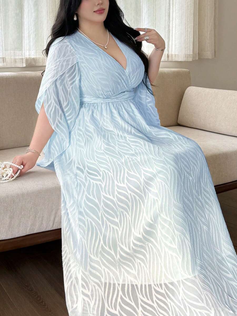 SHEIN Vibekara فستان جاكارد أزرق كاجوال بأكمام قصيرة مكسرة وتنورة