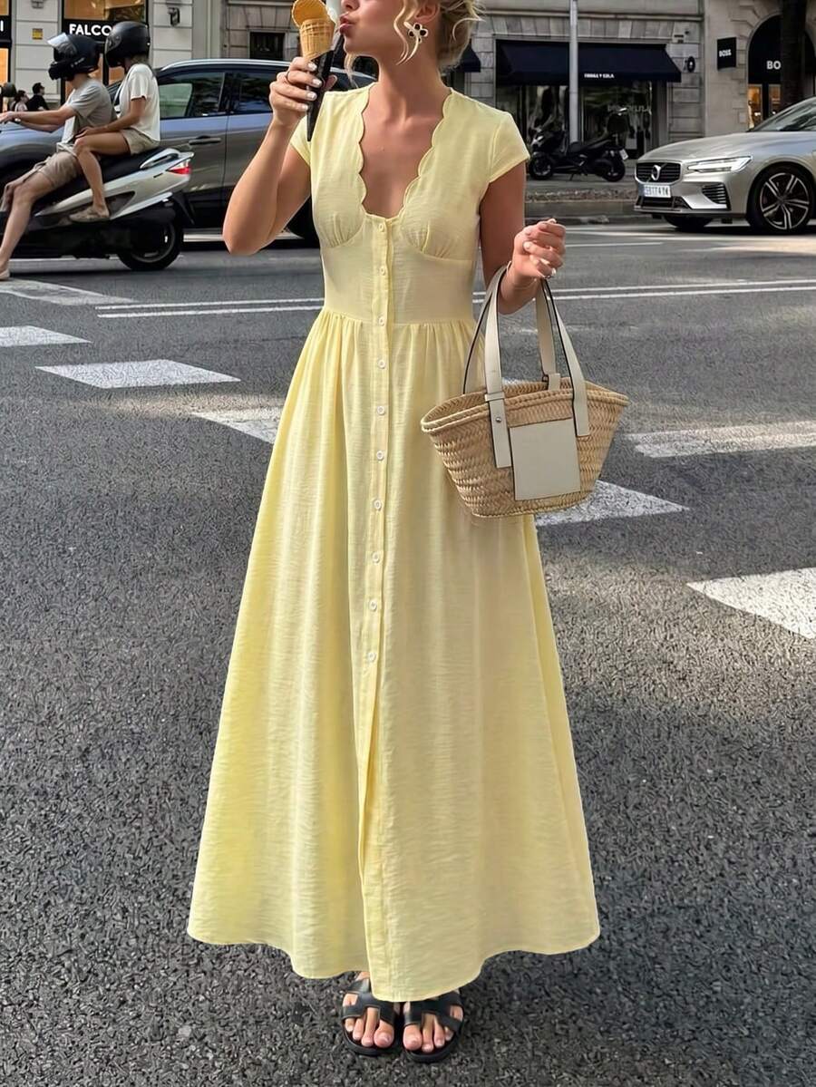 SHEIN Firerie فستان طويل بأزرار بلون أصفر
