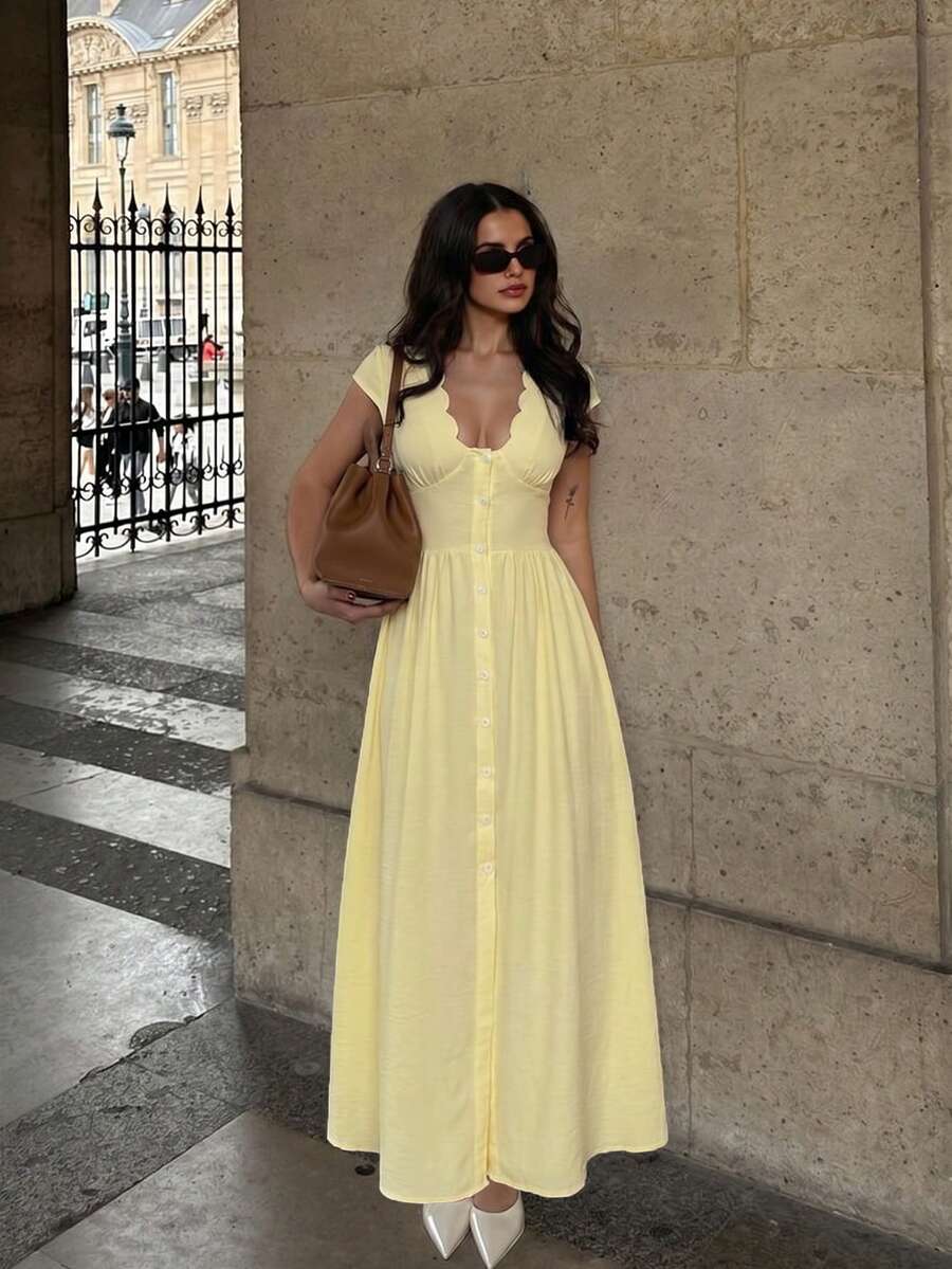 SHEIN Firerie فستان طويل بأزرار بلون أصفر