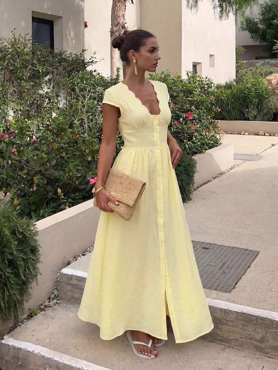 SHEIN Firerie فستان طويل بأزرار بلون أصفر