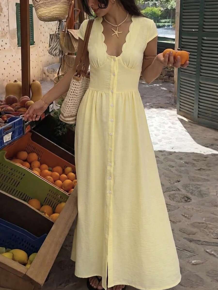 SHEIN Firerie فستان طويل بأزرار بلون أصفر