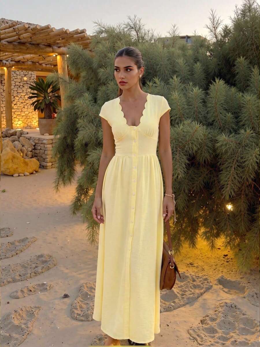 SHEIN Firerie فستان طويل بأزرار بلون أصفر