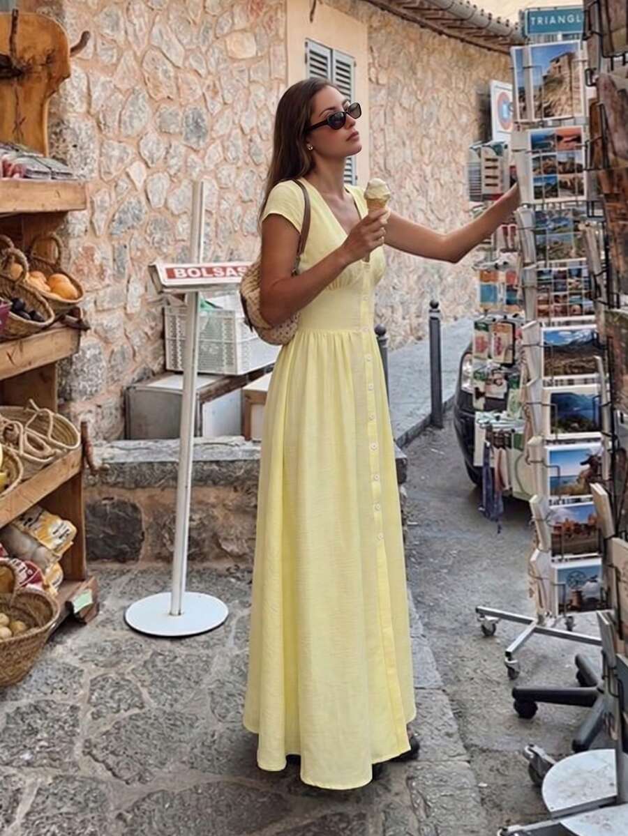 SHEIN Firerie فستان طويل بأزرار بلون أصفر