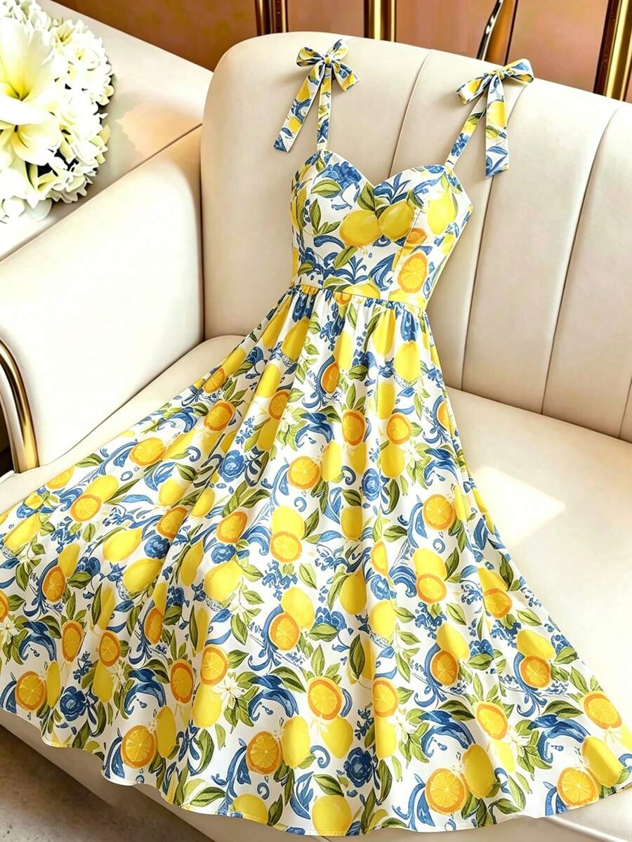 SHEIN GlowEve فستان طويل بحمالات مزين بزهور وليمون بأربطة علي الكتف