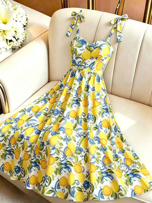 SHEIN GlowEve فستان طويل بحمالات مزين بزهور وليمون بأربطة علي الكتف
