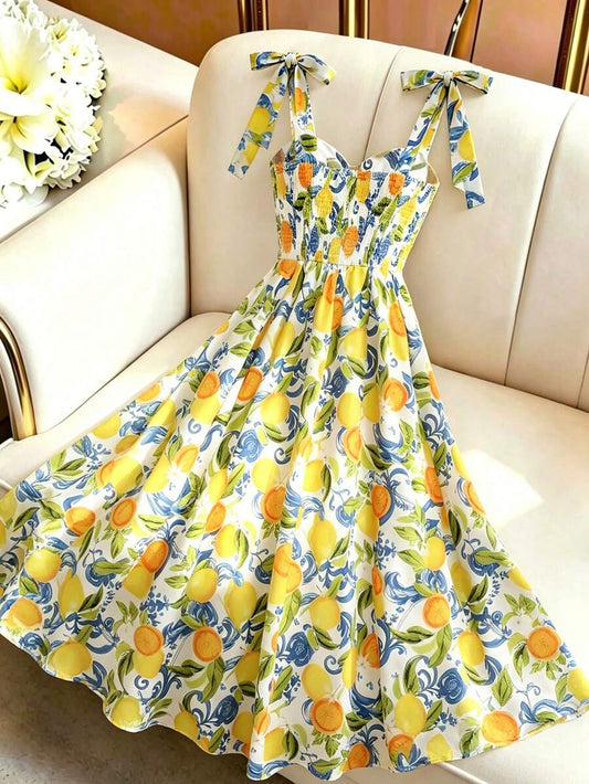 SHEIN GlowEve فستان طويل بحمالات مزين بزهور وليمون بأربطة علي الكتف