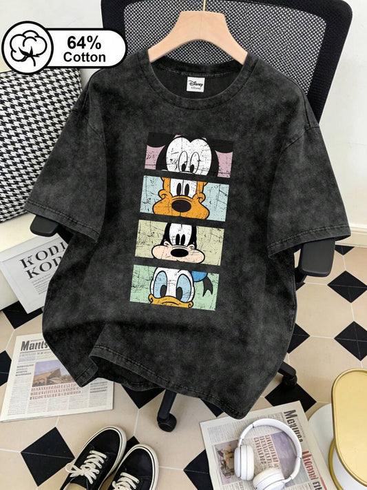 SHEIN Disney تي شيرت أسود بطبعة ميكي وأصدقائه ستايل ريترو