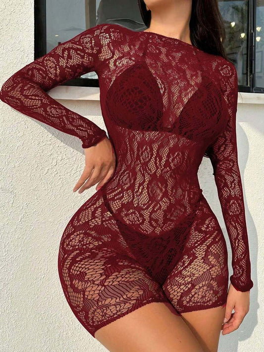 SHEIN ChaseTheNight لانجري من الدانتيل شبكي بأكمام طويلة