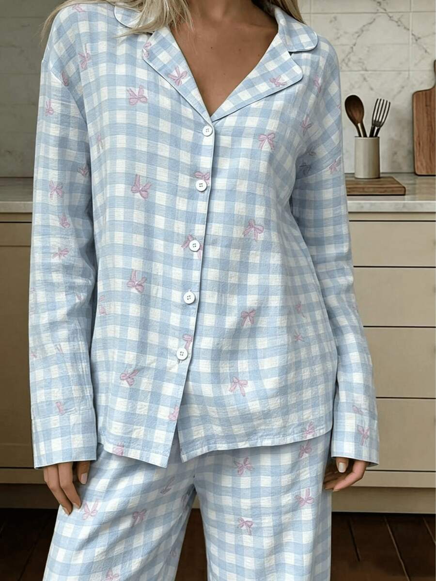 SHEIN Nina Bonheur طقم بيجامة قطعتين بلوزة طويلة الأكمام وبنطلون