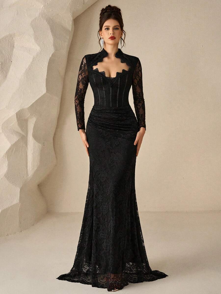 SHEIN Coutiva فستان سهرة أسود طويل من الدانتيل بتصميم فاخر
