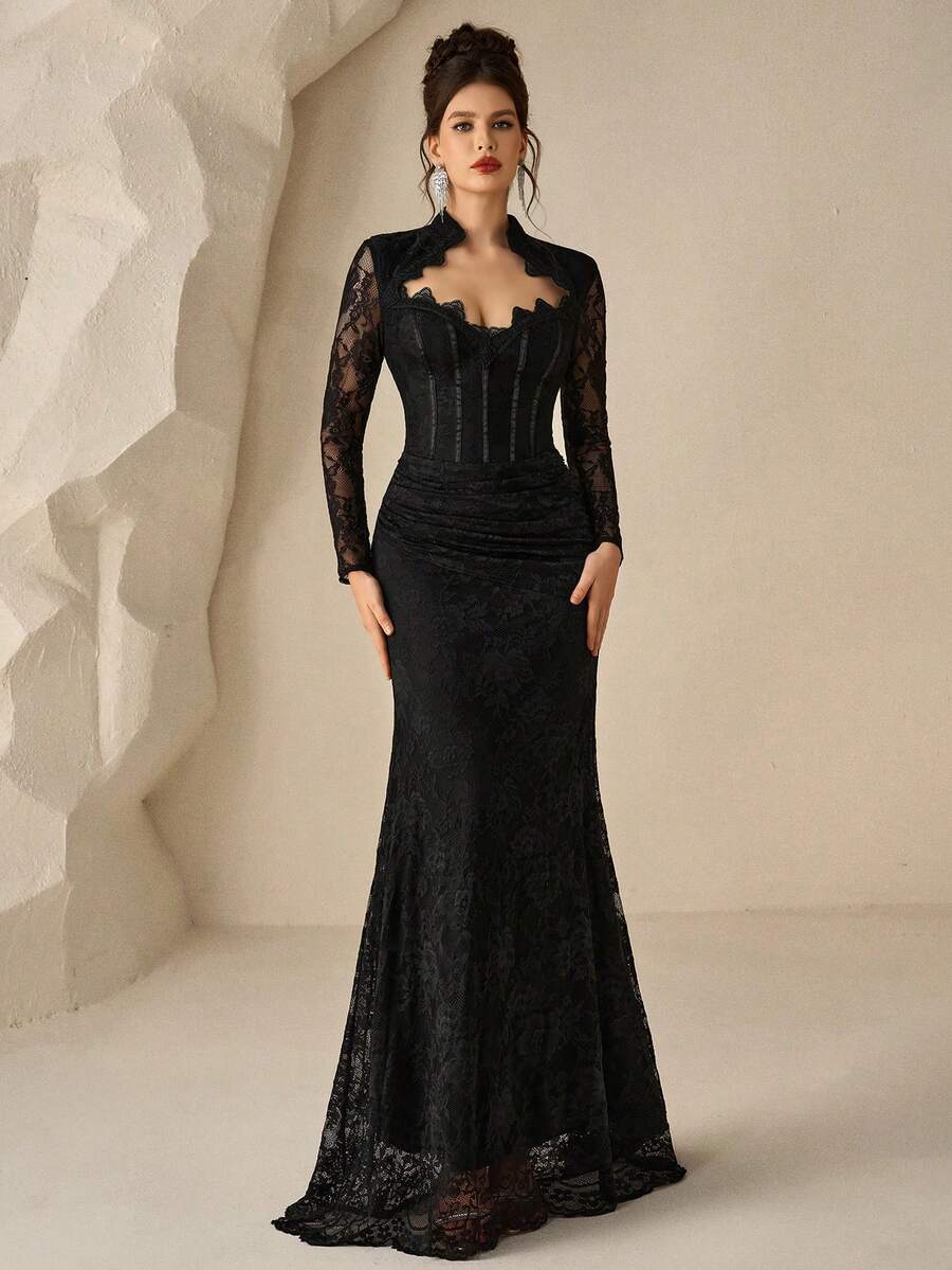 SHEIN Coutiva فستان سهرة أسود طويل من الدانتيل بتصميم فاخر