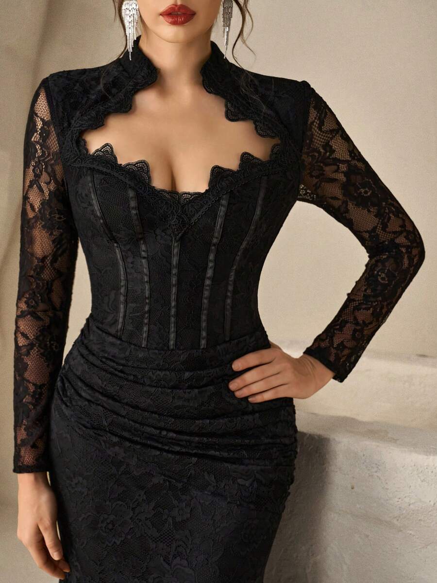 SHEIN Coutiva فستان سهرة أسود طويل من الدانتيل بتصميم فاخر