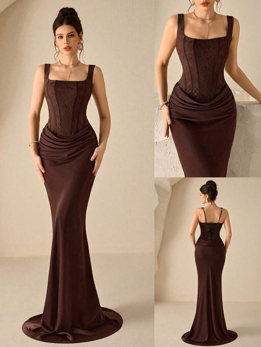 SHEIN Coutiva فستان رسمي أنيق للحفلات بلون قهوة بني