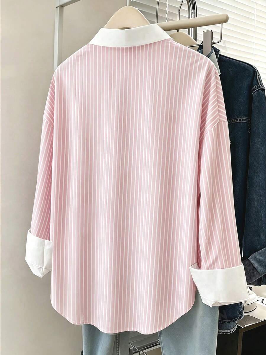 SHEIN Resyla قميص نسائي وردي مخطط بأكمام طويلة بتطريز زهور