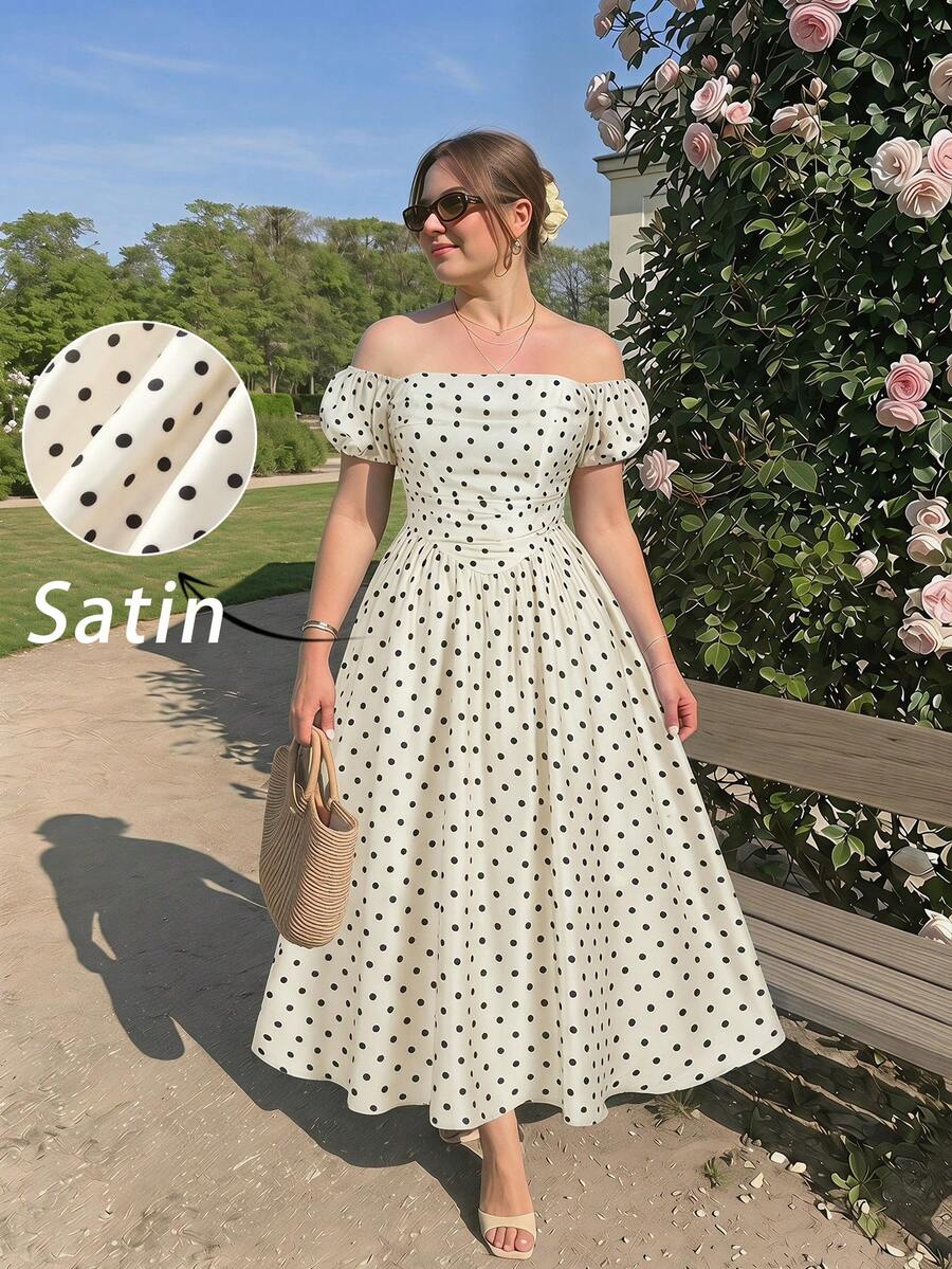 SHEIN MOD فستان ميدي بأكتاف مكشوفة وأكمام منتفخة وطبعة نقاط