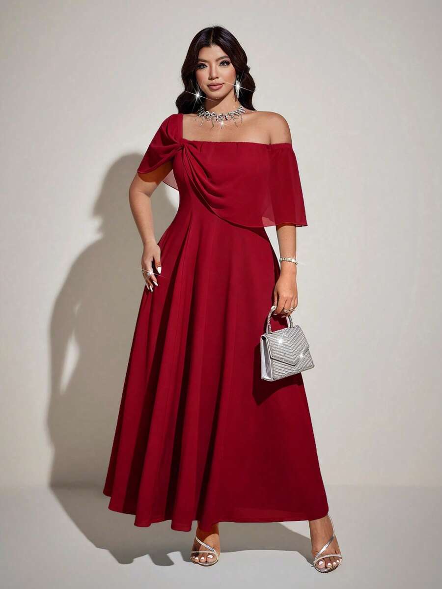 SHEIN Viva Relle فستان شيفون للمقاسات الكبيرة بأكتاف مكشوفة وأكمام طويلة
