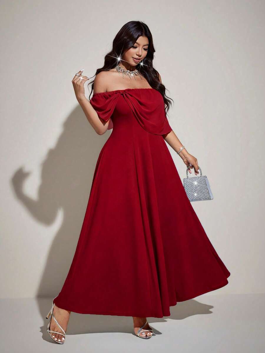 SHEIN Viva Relle فستان شيفون للمقاسات الكبيرة بأكتاف مكشوفة وأكمام طويلة