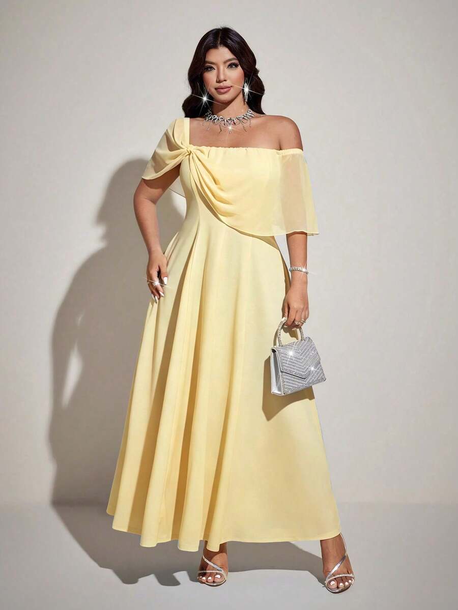 SHEIN Viva Relle فستان ماكسي أصفر للمقاسات الكبيرة بأكتاف مكشوفة وشيفون مجعد