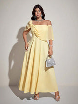 SHEIN Viva Relle فستان أصفر للمقاسات الكبيرة بأكتاف مكشوفة وشيفون مجعد