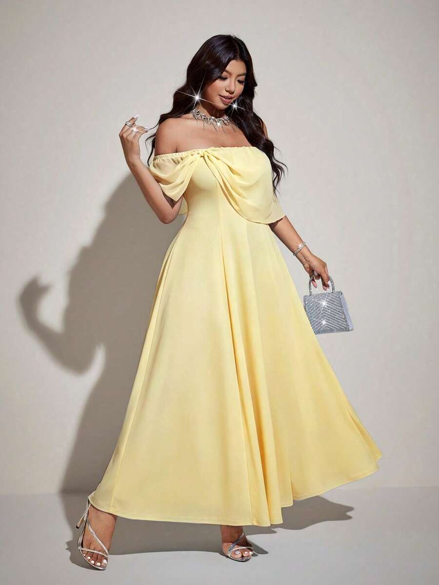 SHEIN Viva Relle فستان ماكسي أصفر للمقاسات الكبيرة بأكتاف مكشوفة وشيفون مجعد