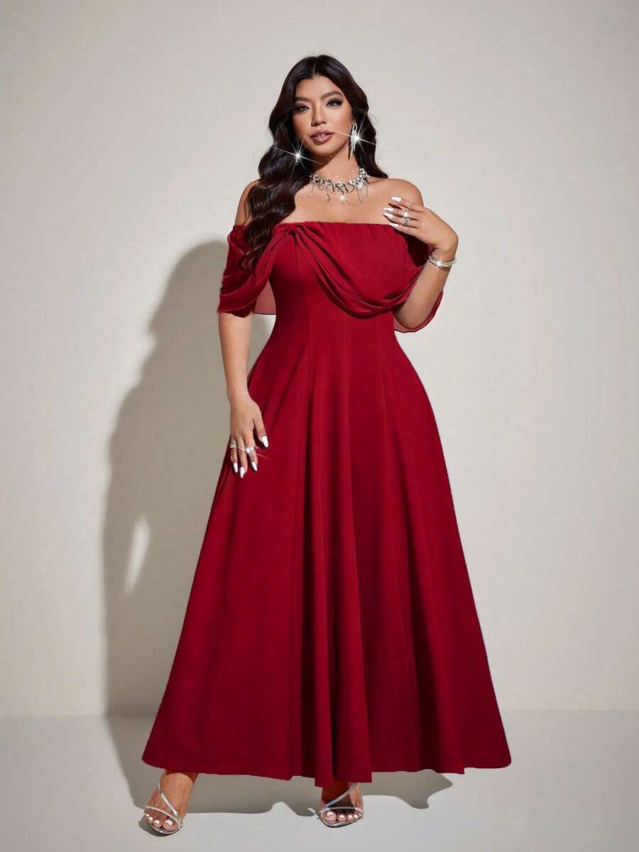 SHEIN Viva Relle فستان شيفون للمقاسات الكبيرة بأكتاف مكشوفة وأكمام طويلة