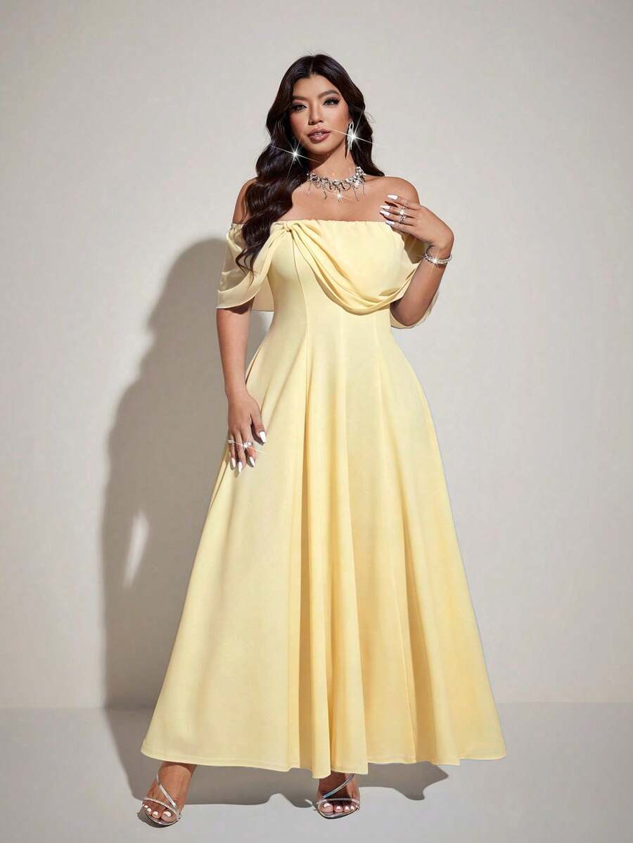 SHEIN Viva Relle فستان ماكسي أصفر للمقاسات الكبيرة بأكتاف مكشوفة وشيفون مجعد
