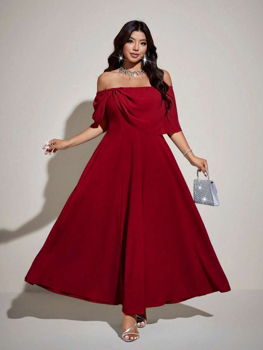 SHEIN Viva Relle فستان شيفون للمقاسات الكبيرة بأكتاف مكشوفة وأكمام طويلة