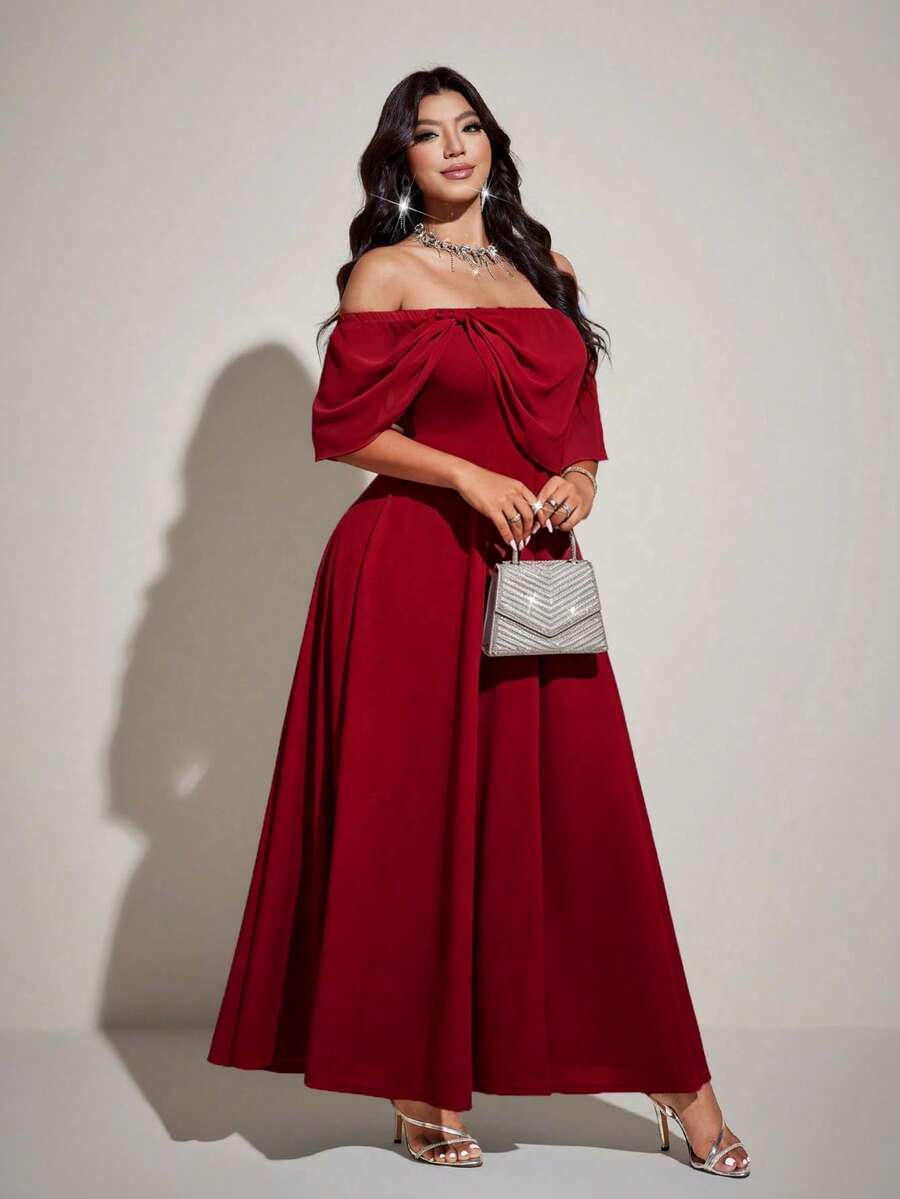 SHEIN Viva Relle فستان شيفون للمقاسات الكبيرة بأكتاف مكشوفة وأكمام طويلة