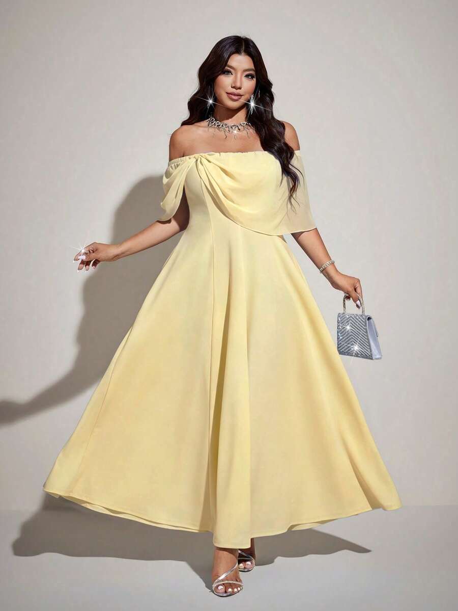 SHEIN Viva Relle فستان ماكسي أصفر للمقاسات الكبيرة بأكتاف مكشوفة وشيفون مجعد