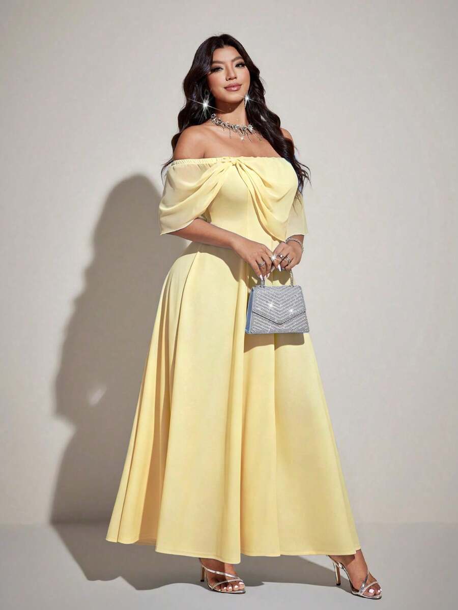 SHEIN Viva Relle فستان ماكسي أصفر للمقاسات الكبيرة بأكتاف مكشوفة وشيفون مجعد