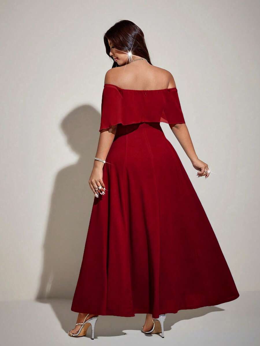 SHEIN Viva Relle فستان شيفون للمقاسات الكبيرة بأكتاف مكشوفة وأكمام طويلة