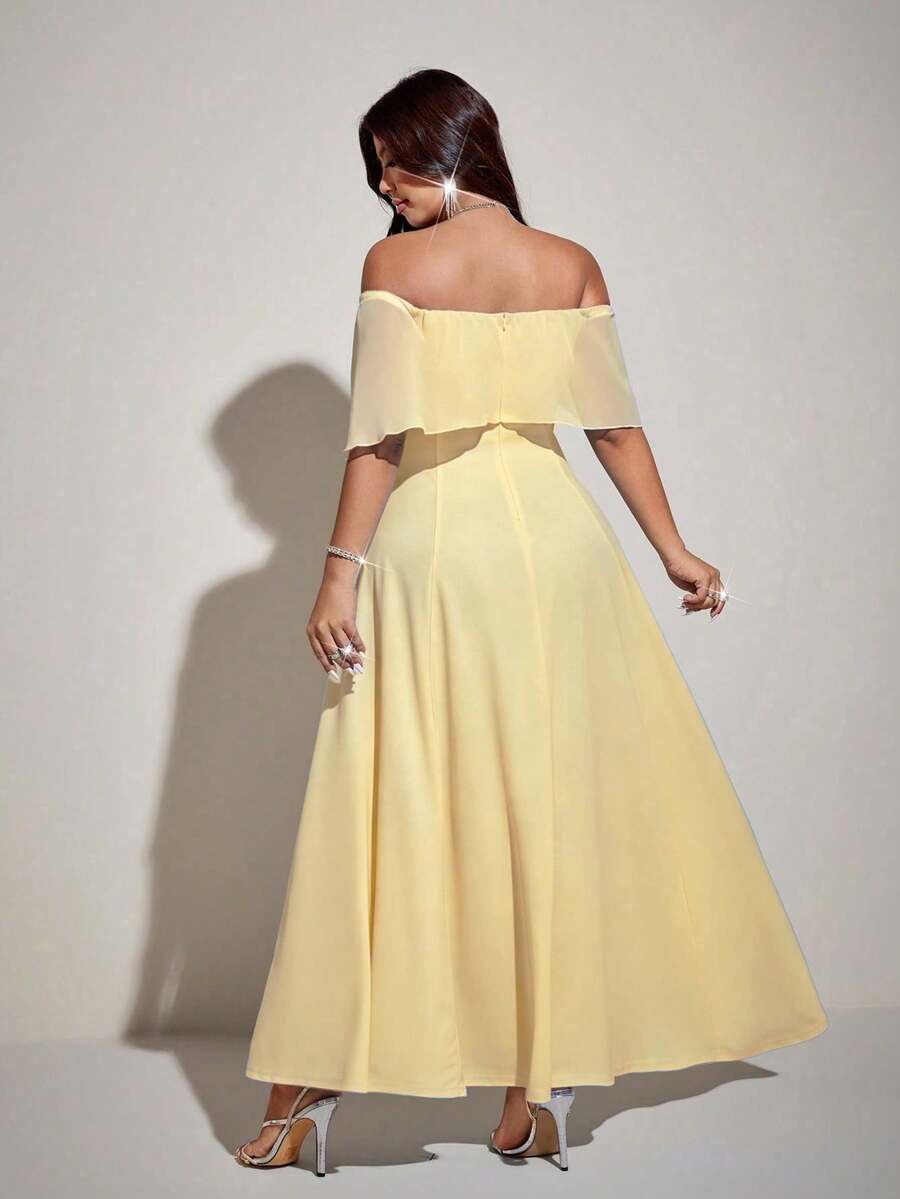 SHEIN Viva Relle فستان ماكسي أصفر للمقاسات الكبيرة بأكتاف مكشوفة وشيفون مجعد