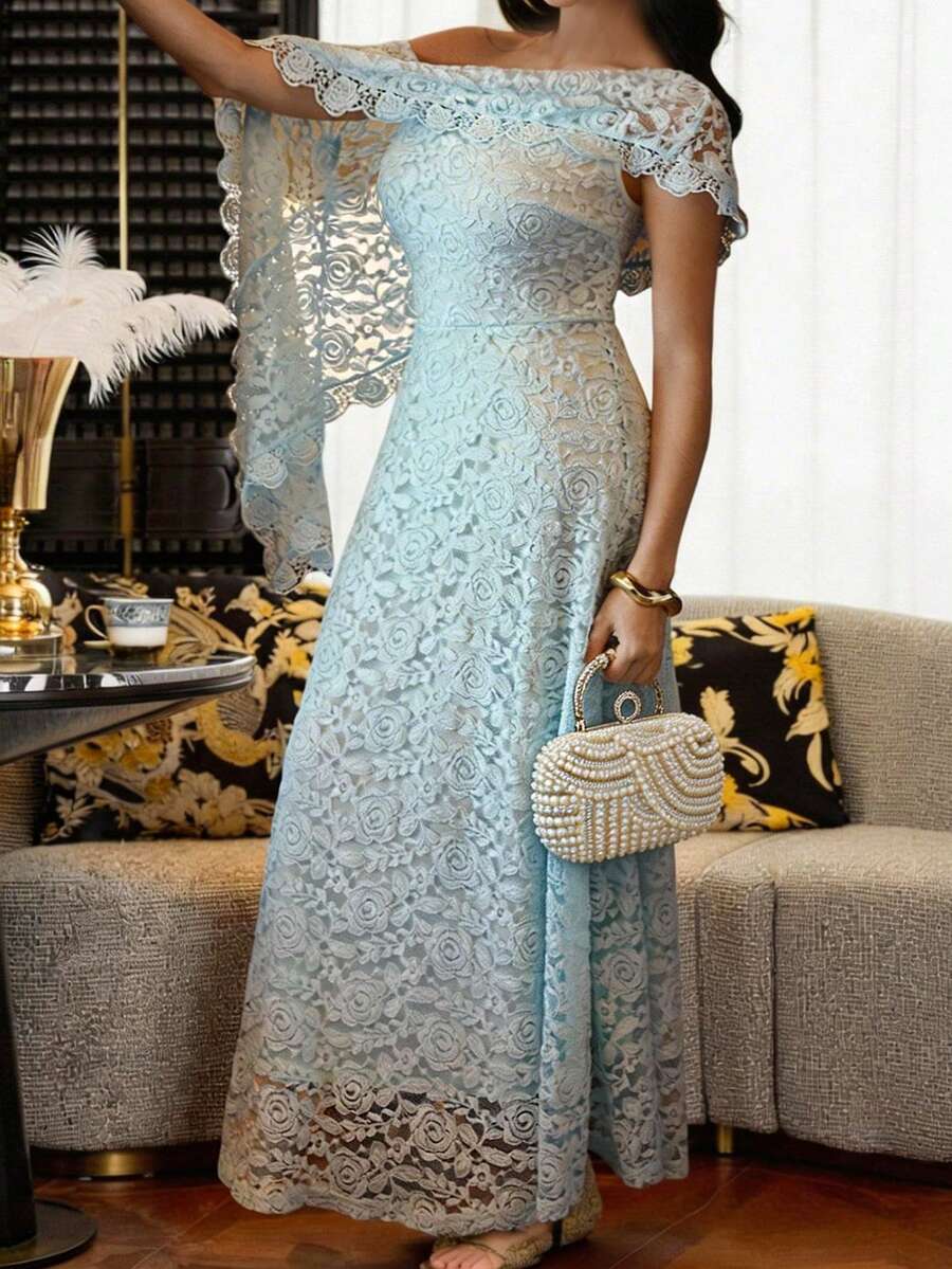 SHEIN Modelyn فستان كاجوال للمقاسات الكبيرة بكتف غير متماثل وتفاصيل دانتيل