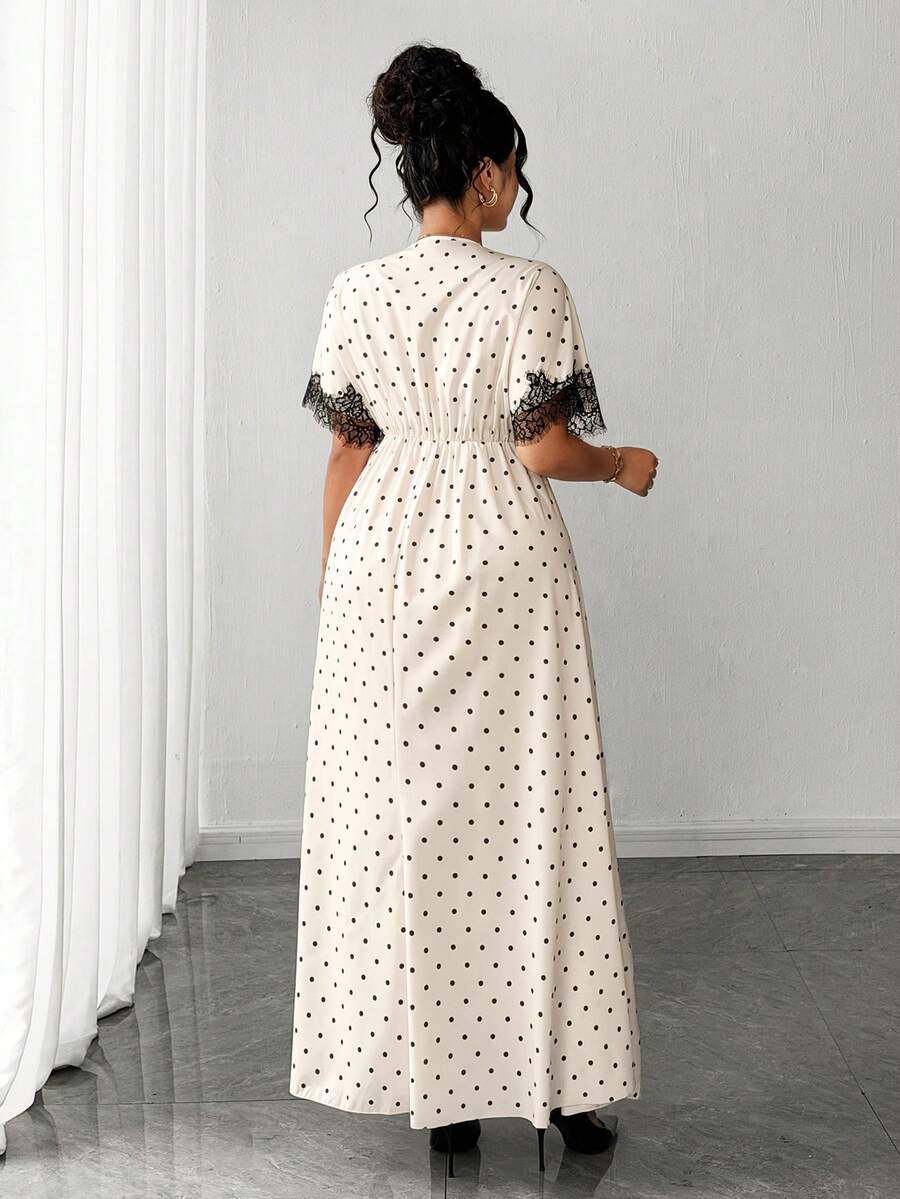 SHEIN Elenzga فستان أبيض للمقاس الكبير برقع دانتيل وطبعة بولكا مع فتحة جانبية