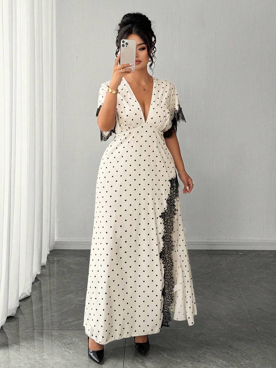 SHEIN Elenzga فستان أبيض للمقاس الكبير برقع دانتيل وطبعة بولكا مع فتحة جانبية