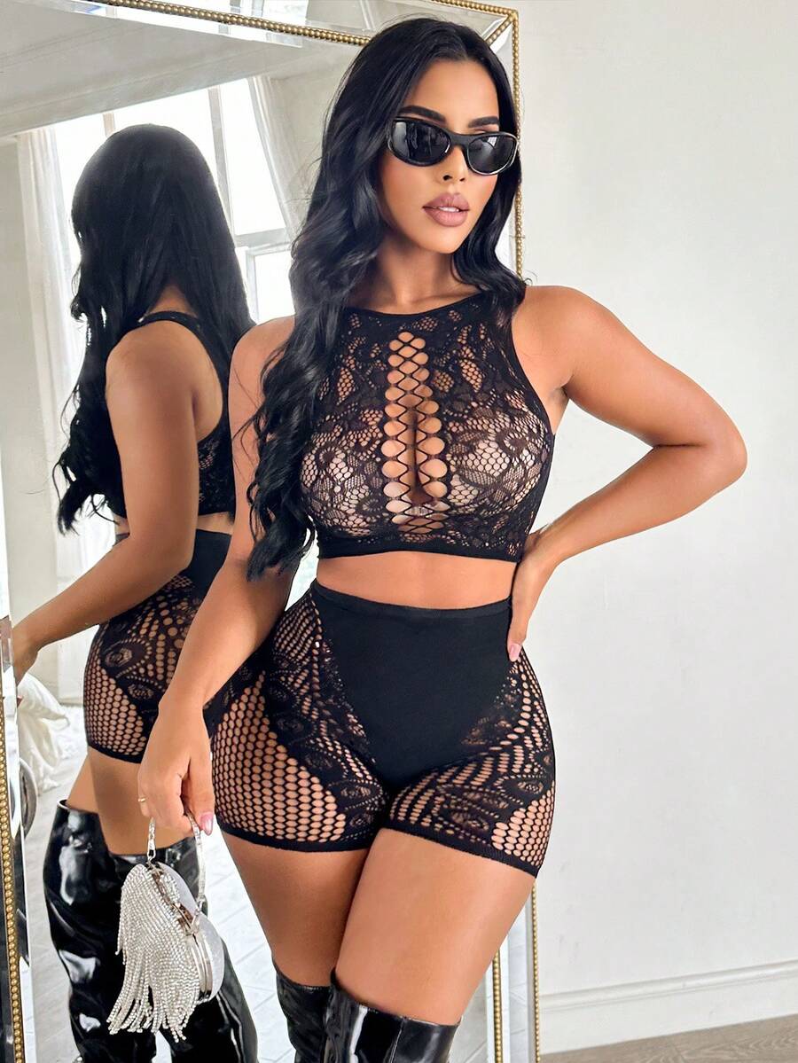 SHEIN ChaseTheNight لانجري شبكي شفاف بأكمام طويلة