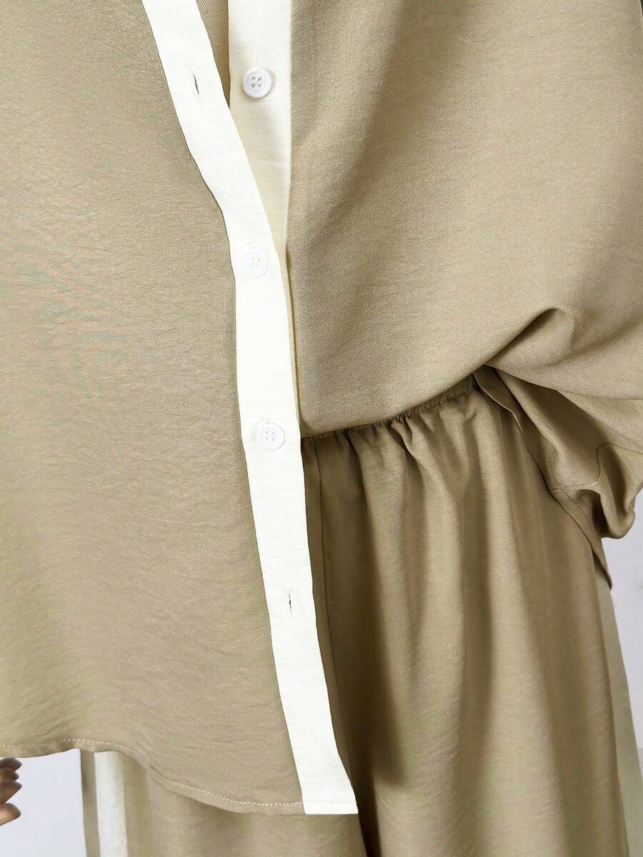 SHEIN LUNE طقم قطعتين قميص بأزرار وبنطال بألوان متباينة
