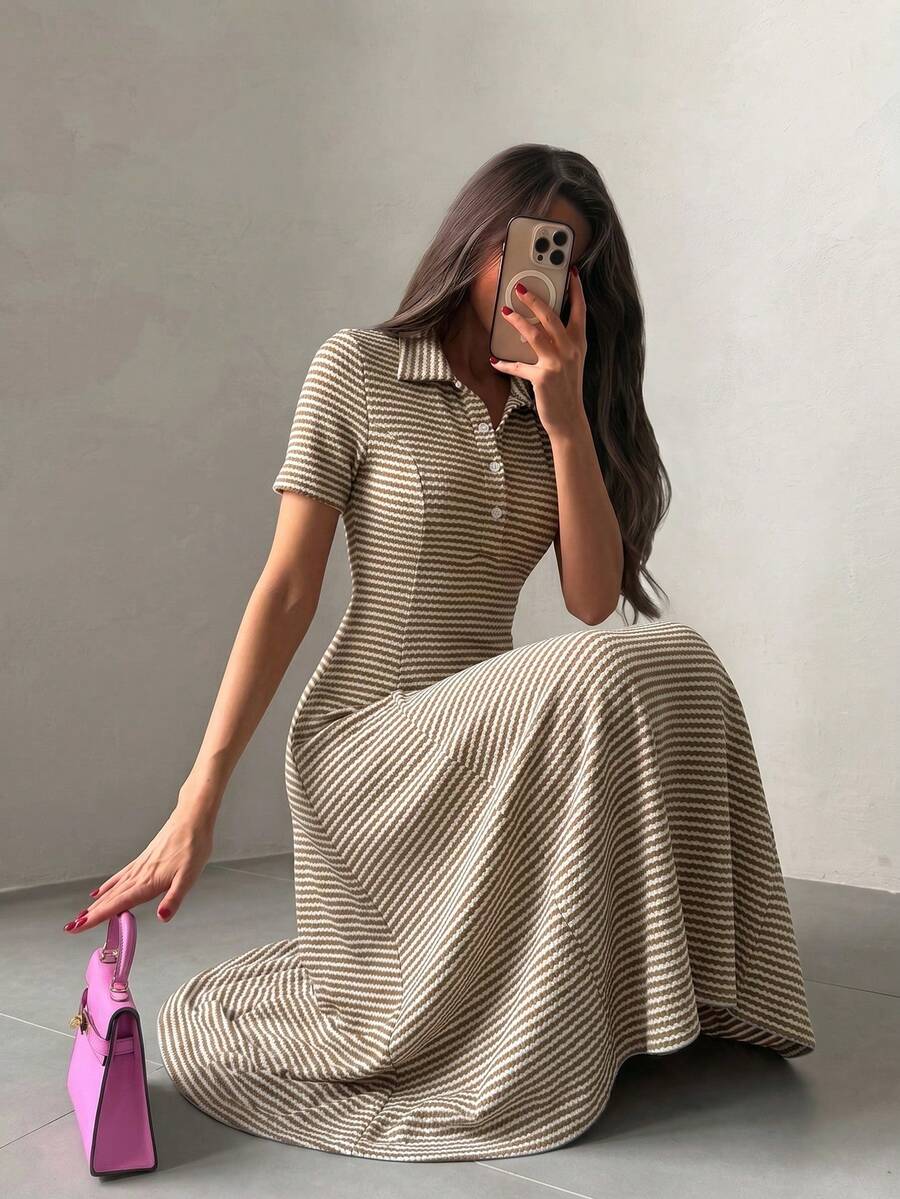 SHEIN Modelyn فستان جاكار مخطط بأزرار أمامية وخصر مشدود