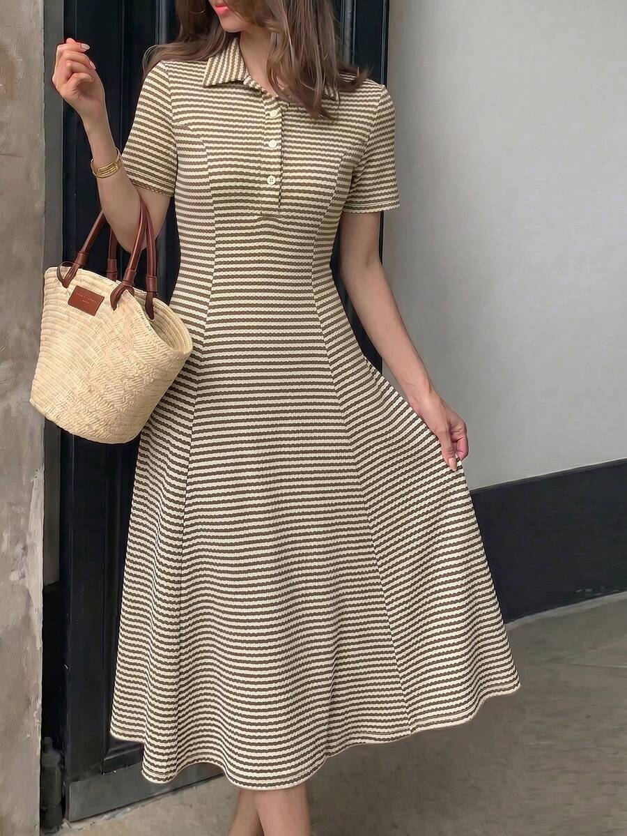SHEIN Modelyn فستان جاكار مخطط بأزرار أمامية وخصر مشدود