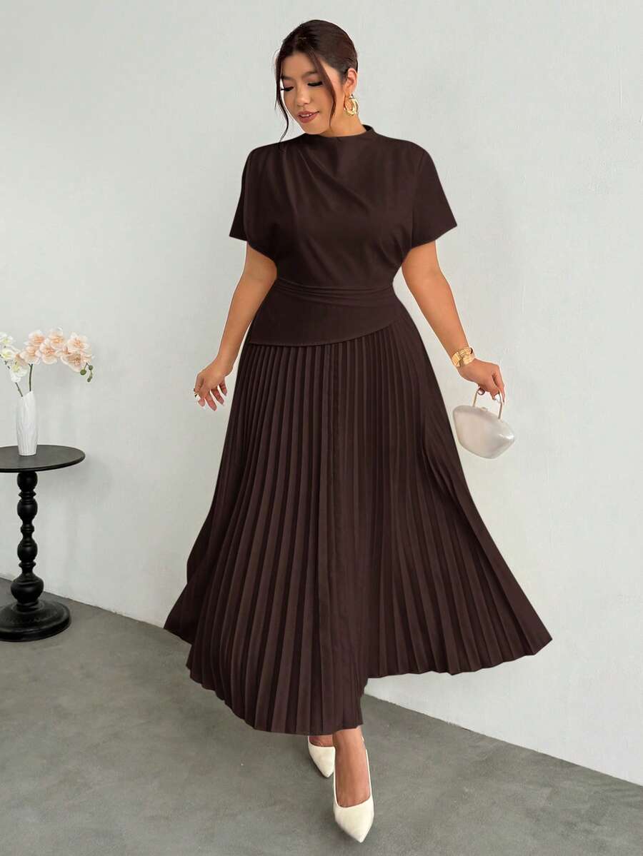 SHEIN Firerie فستان ميدي بياقة واقفة وأكمام قصيرة وخصر مجمع مكشكش