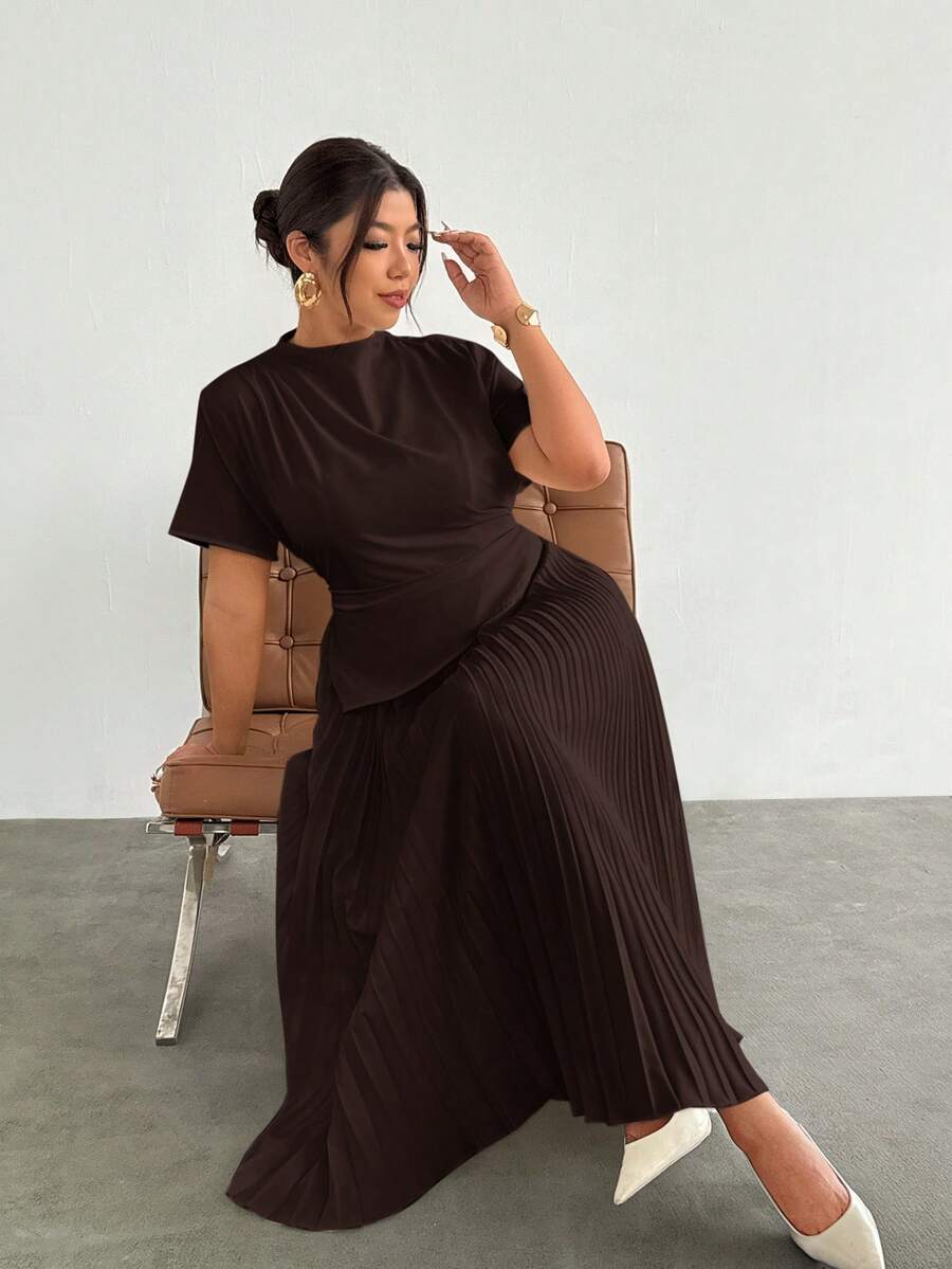 SHEIN Firerie فستان ميدي بياقة واقفة وأكمام قصيرة وخصر مجمع مكشكش