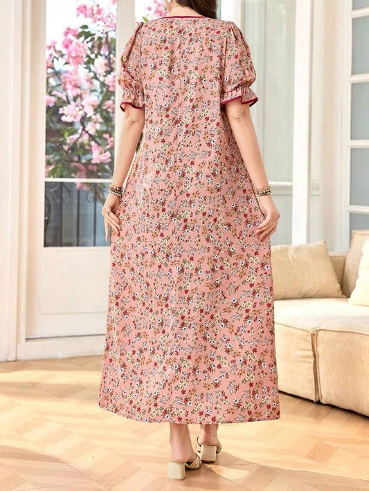 SHEIN Lacomfia فستان عربي بطبعة زهور ريفية بأكمام منتفخة