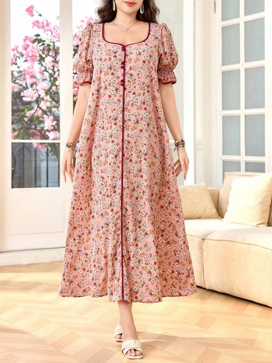 SHEIN Lacomfia فستان عربي بطبعة زهور ريفية بأكمام منتفخة